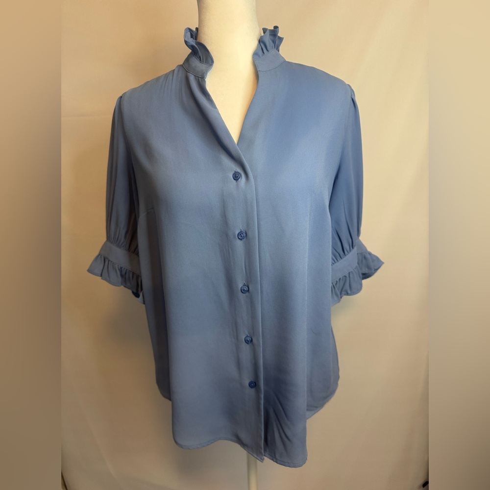 Ann Taylor Light Periwinkle Blue Button-Up Blouse, Ruffle Neckline and Sleeve